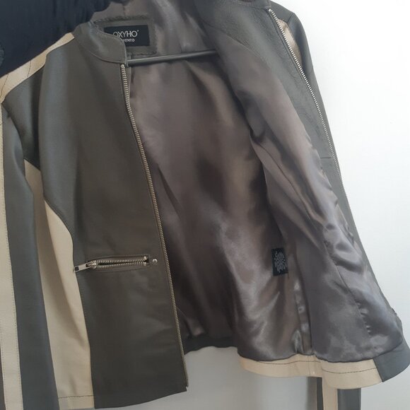 OXYHO Sorento Large Women's Genuine Leather Coat, Two-Tone Olive/Grey + Beige - Picture 14 of 16